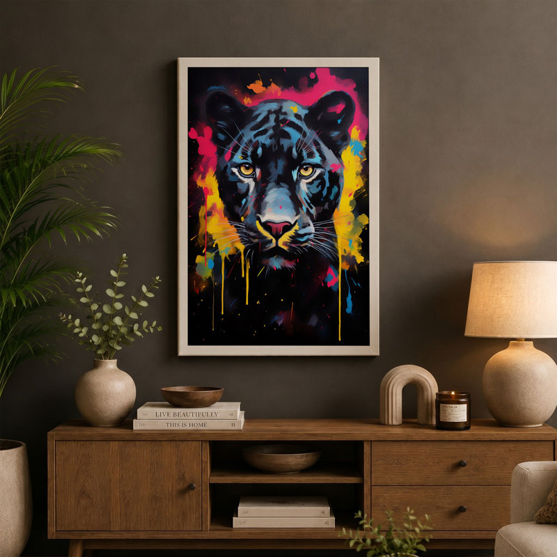 Tiger In Colour Modern - Print, 30x20 - 76.2 x 50.8 cm, Taupe Border