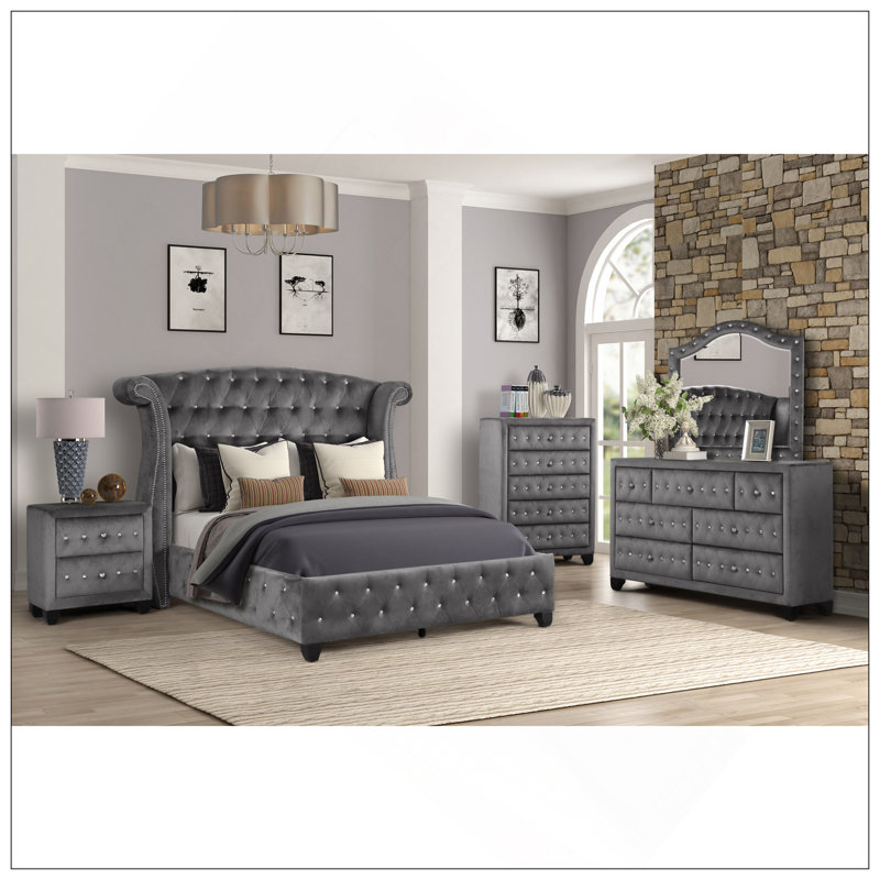 Miroir capitonné en cristal de style moderne avec revêtement en velours de couleur gris et tissu d'ameublement en cristal