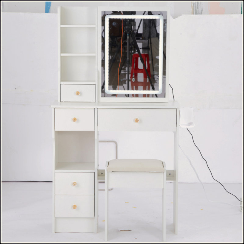 Small Size Left Drawer Desktop Vanity Table + Cushioned Stool, 2 AC+2 USB Power Station, Hair Dryer Bracket, Extra Large Touch Control Sliding LED Mirror, Tri-Color Switching, EPA,GCC,UL Certificate