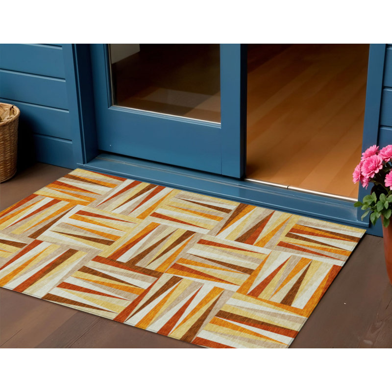 3' X 5' Orange Geometric Washable Indoor Outdoor Area Rug