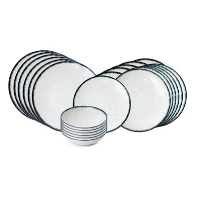 Service de table élégant 24 pièces, 100% porcelaine | Comprend 6 assiettes de service (9,8 x 9,8 x 0,8 po), 6 assiettes (8,3 x 8,3 x 1,8 po), 6 bols (6,3 x 6,3 x 2,0 po), 6 assiettes à dessert (7,5 x 7,5 x 0,8 po) | Va au lave-vaisselle et au micro-on