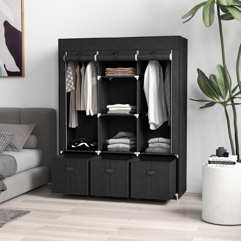 HOMCOM Fabric Wardrobe for Bedroom 5 Shelves 3 Fabric Drawers Black