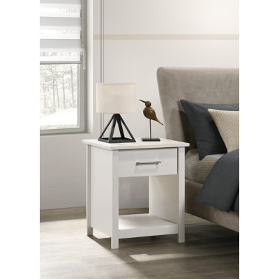 Celeste 20-inch Wide White 1-Drawer Nightstand Bedside Table with Open Shelf and Silver Handle, Modern Bedroom Side Table or End Table