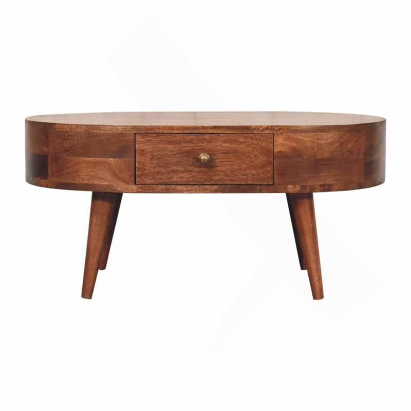 Table basse en bois massif miel et caramel, 2 tiroirs, pieds nordiques, brun