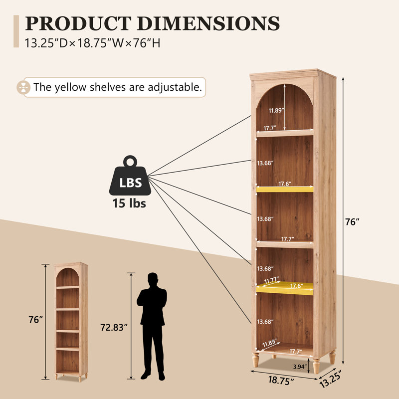 Ahart 76" Tall Arched Bathroom Storage Cabinet,5-Tier Narrow Arched Bathroom Cabinet with Adjustable Shelves,Featuring Storage & Open Shelves