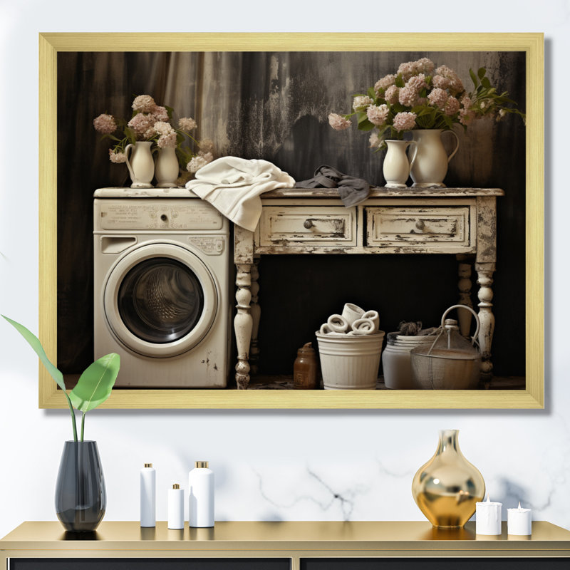 «Farmhouse Laundry Charm II», art mural, H 12 po x l 20 po x P 1 po, Encadrement doré