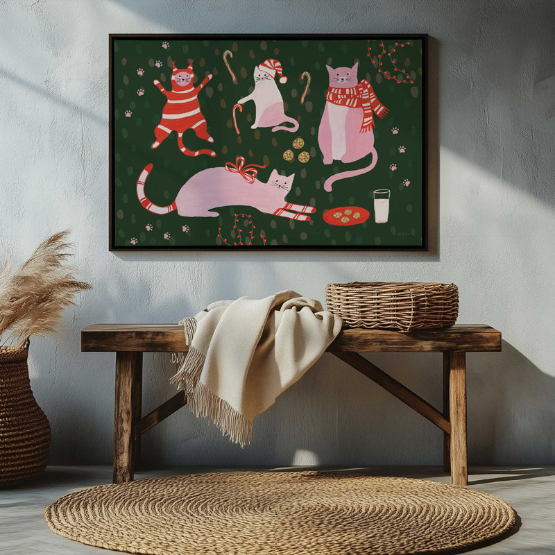 «Mischief Kitty Christmas I» par Yvette St. Amant, reproduction d'art sur toile, H 12 po x l 18 po, Cadre flottant, Noir