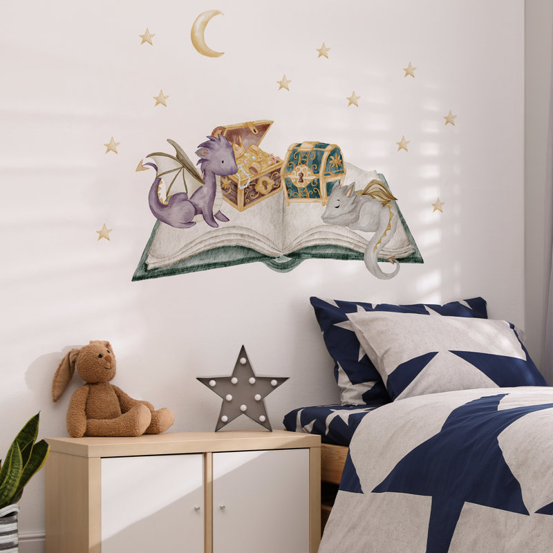 Autocollants muraux bébé dragon et livre magique