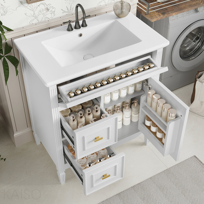 Meuble-lavabo de 30 po avec lavabo, meuble-lavabo avec un tiroir rabattable et deux tiroirs, tablette réglable, bois massif et panneau de fibres à densité moyenne, blanc