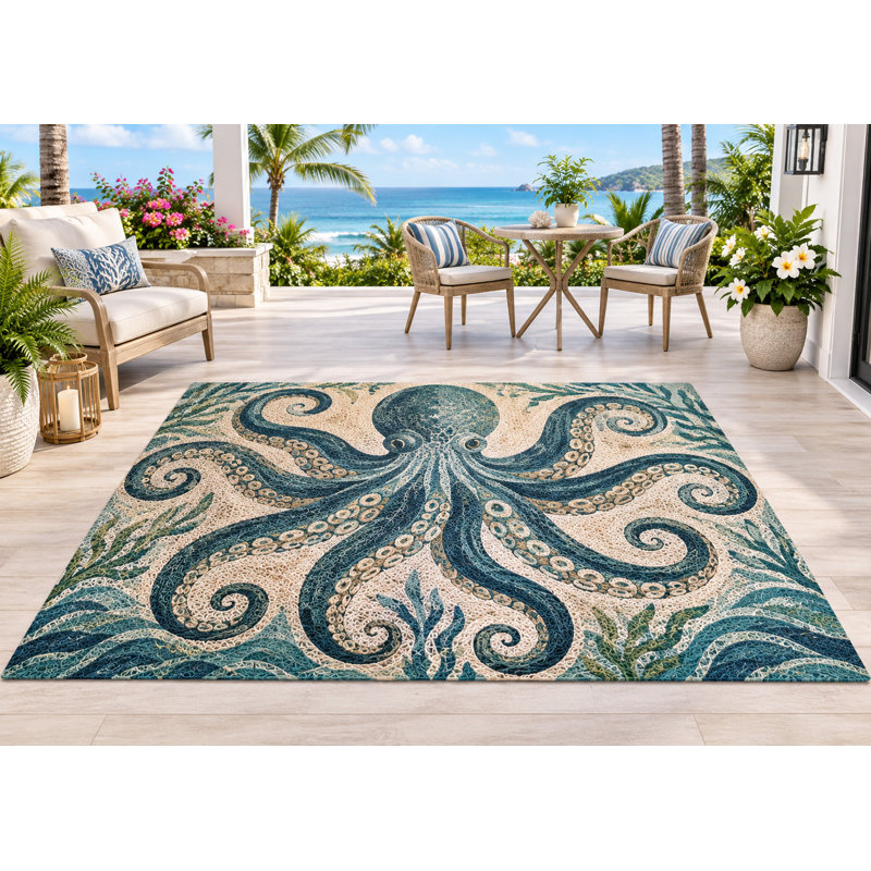 Tapis d'extérieur 152 x 213 cm, motif pieuvre bleue, style côtier et botanique, en PVC épais, imperméable et bouclé, idéal pour terrasse, balcon, VR et autres espaces extérieurs. Séchage rapide.