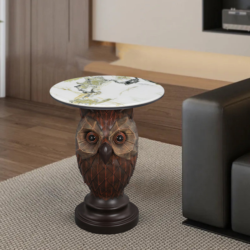 Owl Side Table, Cute Animal Resin End Table, Unique Bird Statue Nightstand with Round Top, Whimsical Decor Furniture for Nursery, Bedroom & Living Room - 17.7" Tabletop Realistic