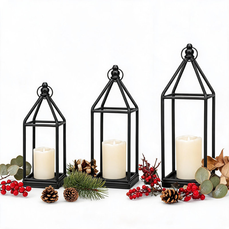 Set of 3 Black Wrought Iron Decorative Lanterns with LED Faux Acrylic Candles, Open Frame Glassless Candle Holder Lantern for Modern Farmhouse Home Decor, Indoor & Outdoor Table Mantel Porch