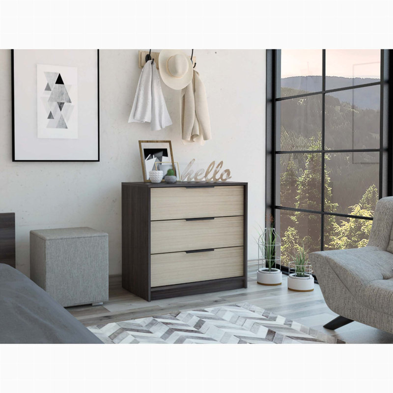 Kaia Three Drawer Compact Dresser, Bedroom Storage Option, Black/Light Oak