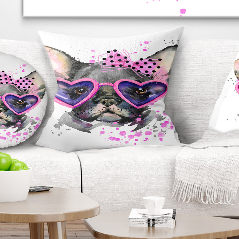 Chien mignon avec des lunettes roses - coussin imprimé animal, 16 po x 1 po, Coussin décoratif