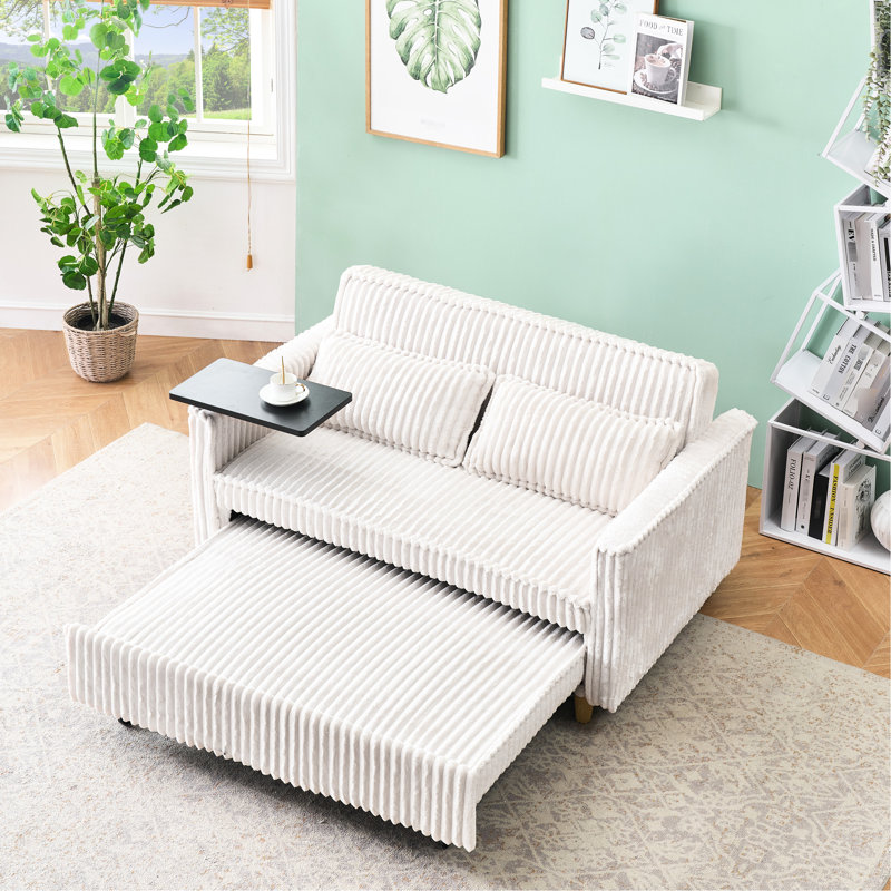 Velours côtelé beige avec roulettes et bureau mobile, Interface pour une utilisation pratique