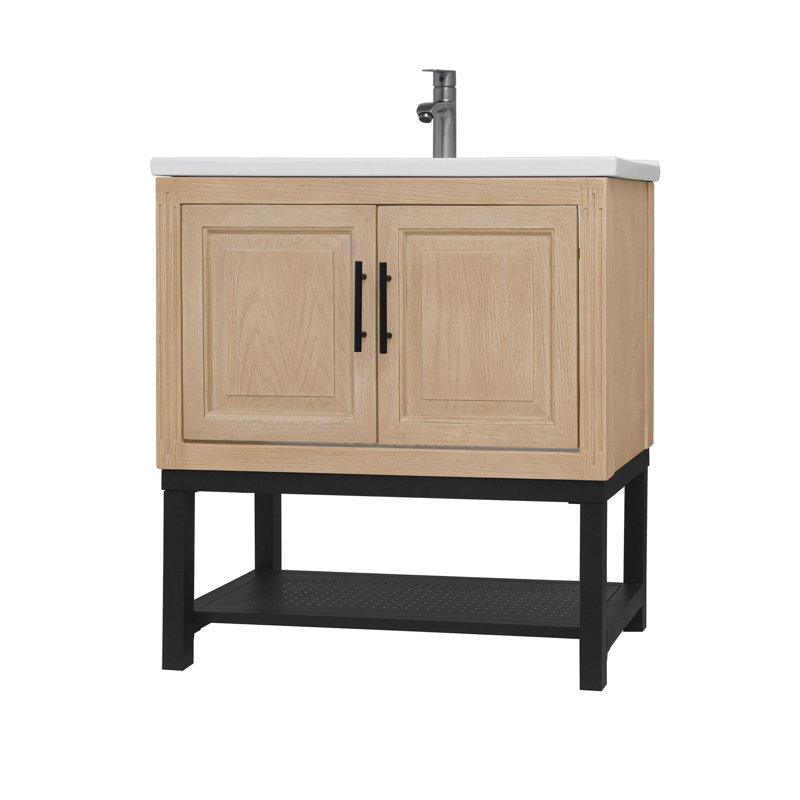 Meuble-lavabo autoportant de 32 pouces avec lavabo en céramique sans soudure, robinet texturé, 2 portes de rangement et beaucoup d'espace, base en métal avec charnières en acier inoxydable flexibles chaud / froid et poignées noires