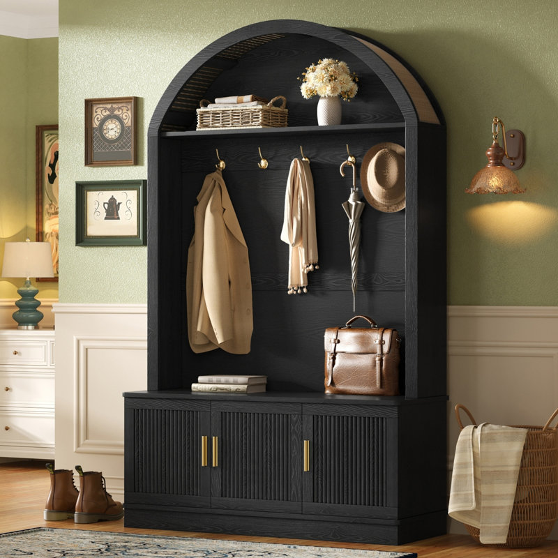 Porte-manteau arqué de style champêtre avec banc, armoire de vestiaire tout-en-un, armoire cannelée avec 5 crochets en métal, noir