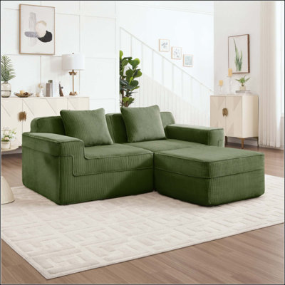 Canapé modulaire modulaire en L à 2 places sans os, canapé modulaire Cloud avec assise profonde, canapé modulaire moderne à 2 places avec coussins décoratifs et 1 repose-pieds mobile, tissu en velours côtelé