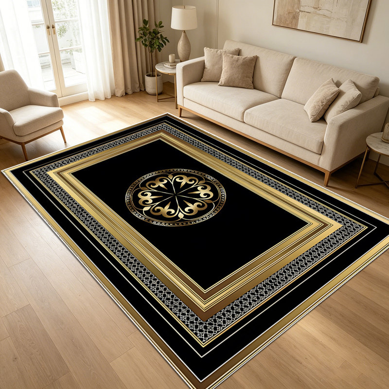 1PC Vintage Luxury Gold Black Geometric Filigree Farmhouse area rugs for Living Room, Soft and Comfortable, Suitable for all seasons, easy-to-maintain, machine washable Indoor floor mat, Under Table Farmhouse suitable for dining table, entryway,