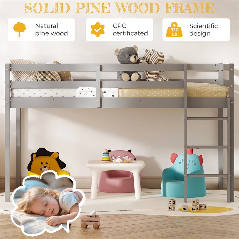 Solid Wood Toddler Platforms Loft Bed Twin Size With Stairs, Gray