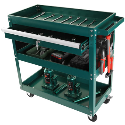 3-Tray 1-Drawer Rolling Tool Cart, Duty Steel Utility Tool Storage Organizer (27.6" X 13.8" X 30") With Lockable Drawer, Brake Wheels & Side Hooks, Green Tool Trolley For Garage, Workshop, Repair Shop