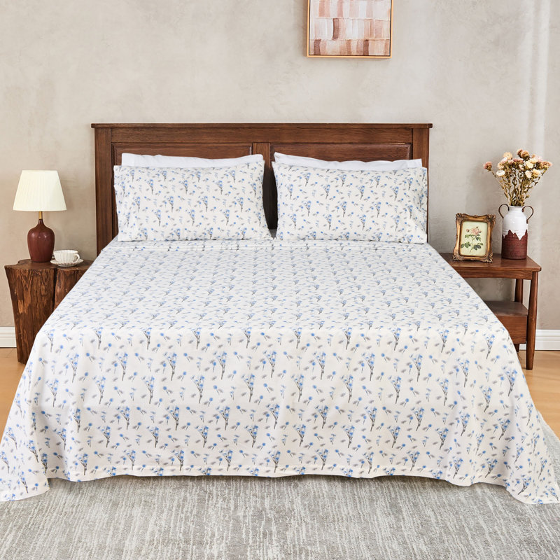100% Cotton Full Size Bed Sheets Set with Deep Pockets, Cozy Percale sheets with Elastic Fitted Sheet 4 Piece Bedding and Pillowcase set, Blue Gray Floral