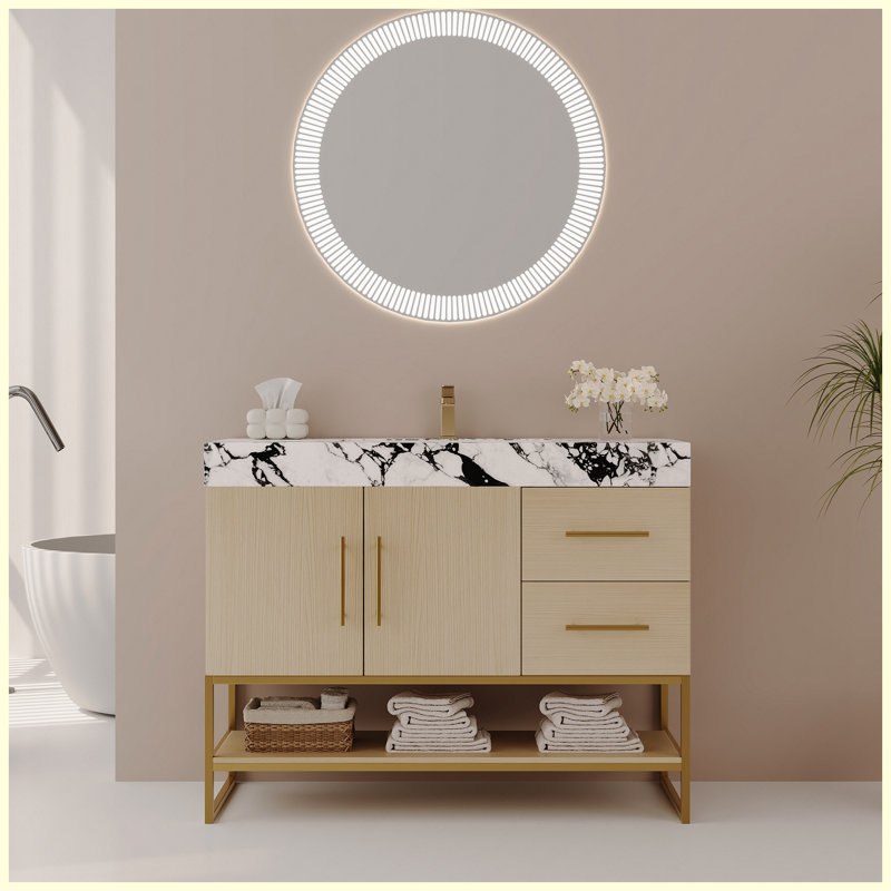 Meuble-lavabo moderne 36 po en céramique avec rangement à fermeture en douceur, Bois