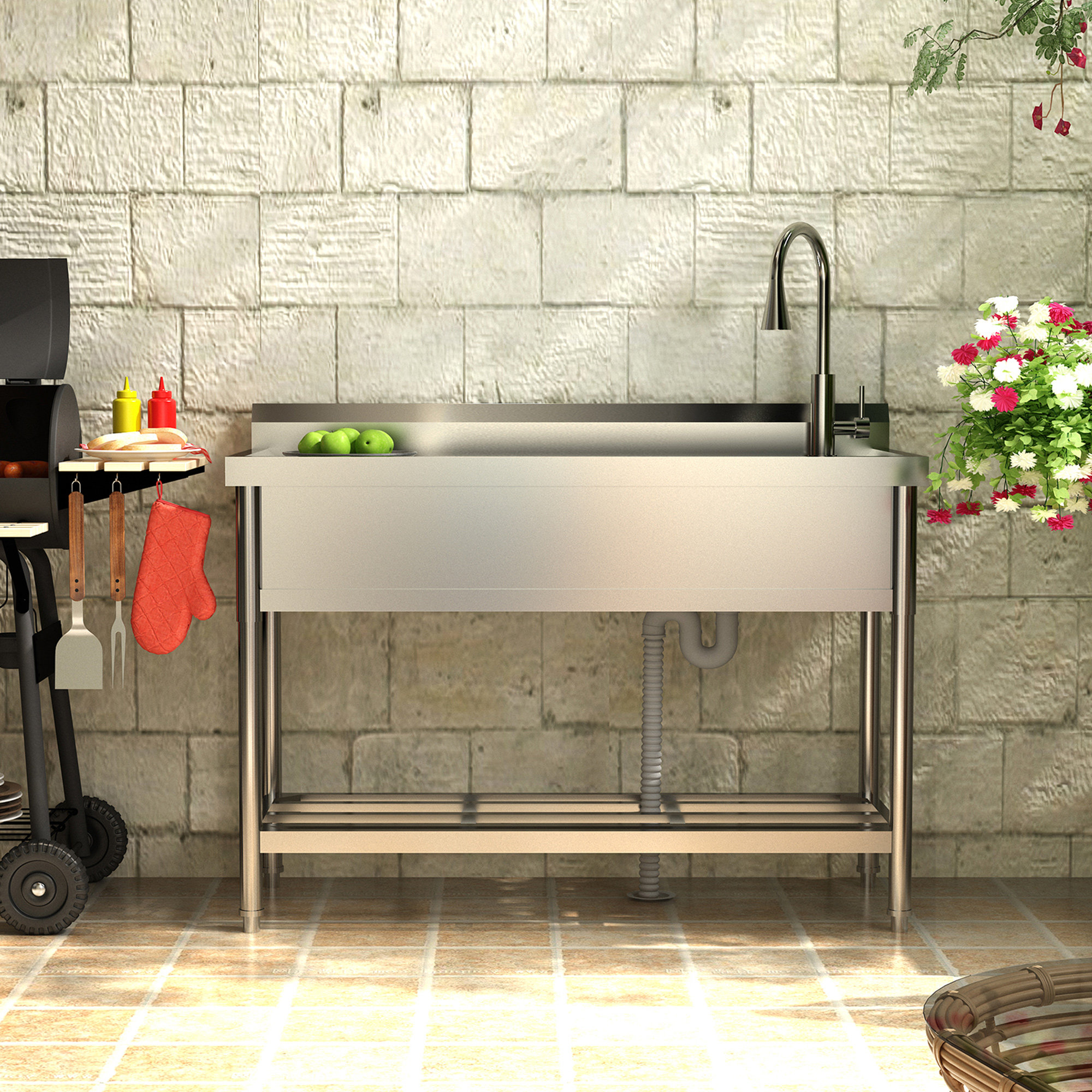 Stainless Steel Utility Sink with Faucet – Free Standing Single Bowl Commercial Sink for Kitchen, Laundry Room, Restaurant & Garage – Heavy-Duty Stainless Steel, Hot & Cold Water Pipes, Pull-Out Spray