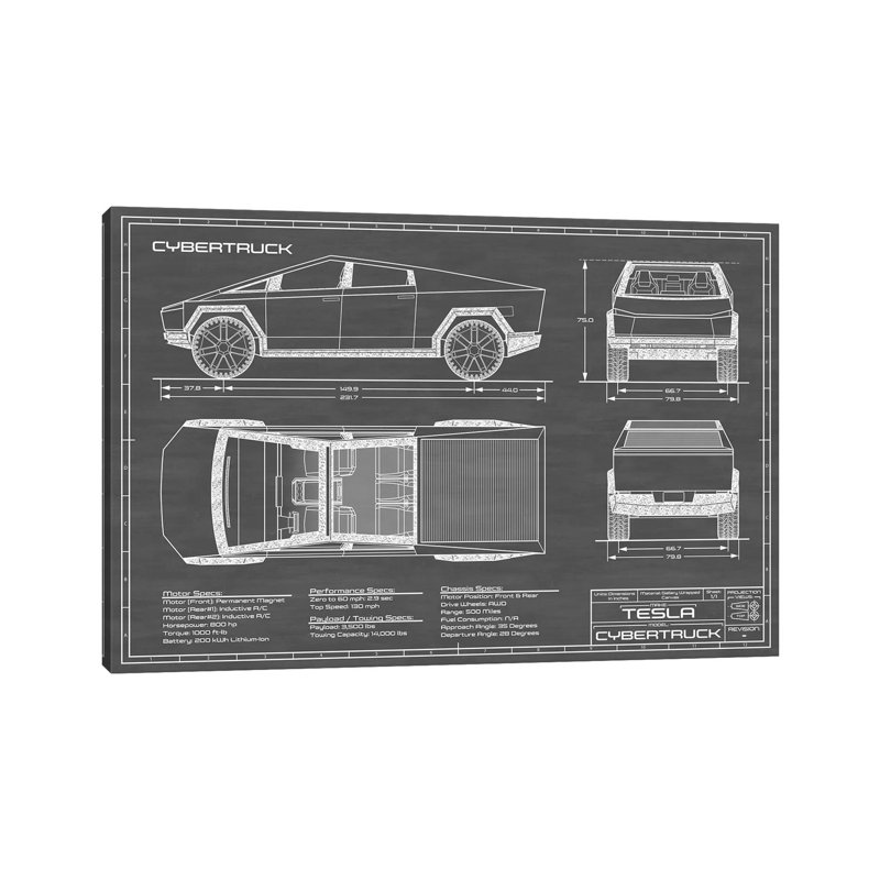 Tesla Cybertruck (2020-2022) by Action Blueprints - Print on Canvas, Wrapped Canvas, 20.32 cm H x 30.48 cm W