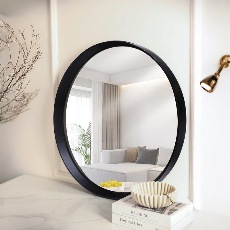 Wood Round Wall Decorative Mirror for Bathroom Bedroom, Black, 31.5" x 31.5"