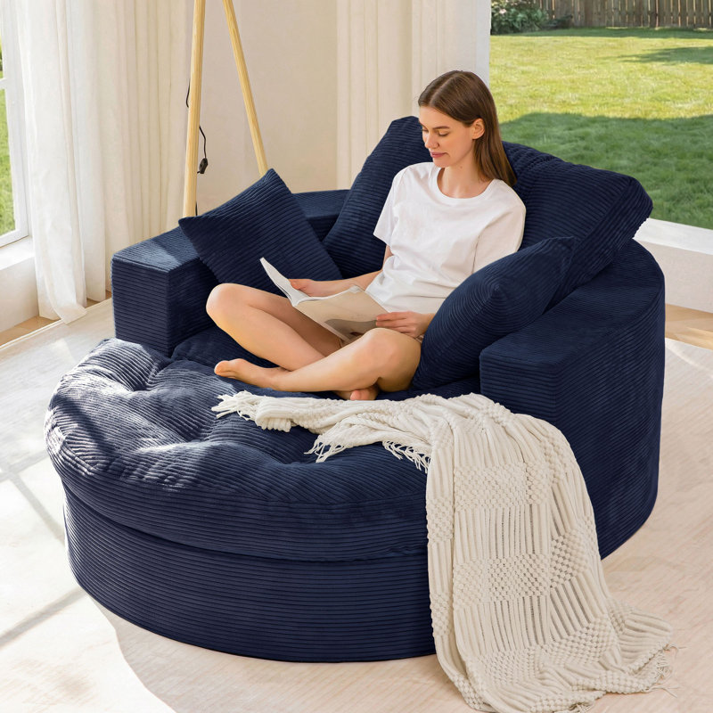 Sofa Couch And Chaise Lounge Set,Corduroy Boneless Floor Sofa Bed For Living Room, Navy