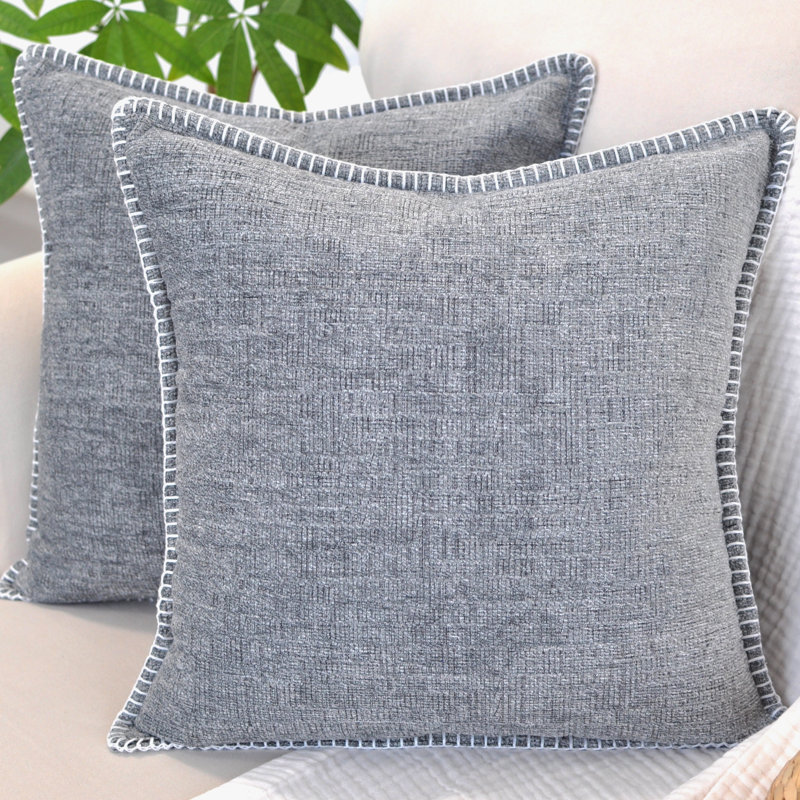 Heather Gray Chenille 16" x 16" Throw Pillow Covers with Stitched Edge (Set of 2)