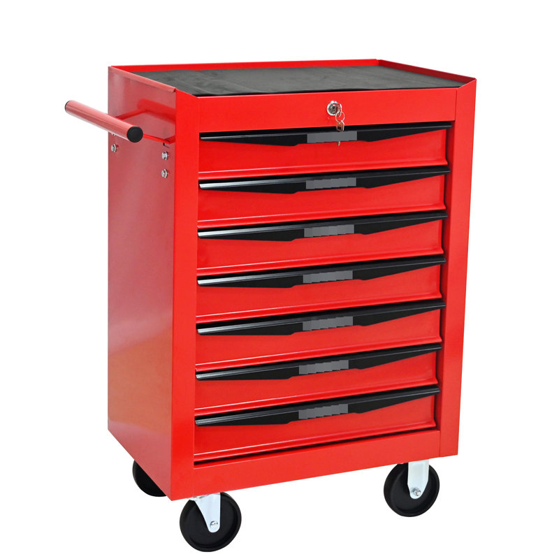 20 po, armoire à outils rouge et noire, 7 tiroirs, glissières à roulement, 4 roues universelles verrouillables, coffre de rangement à clé, verrouillé