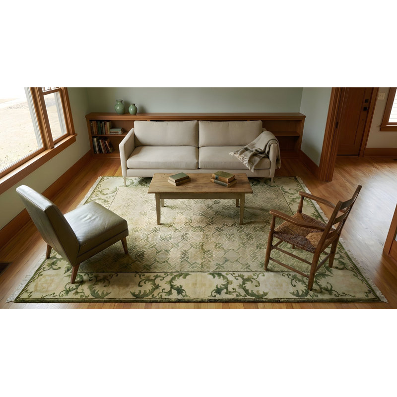 Tapis vert moderne à motif géométrique en laine noué à la main, 6 pi x 9 pi