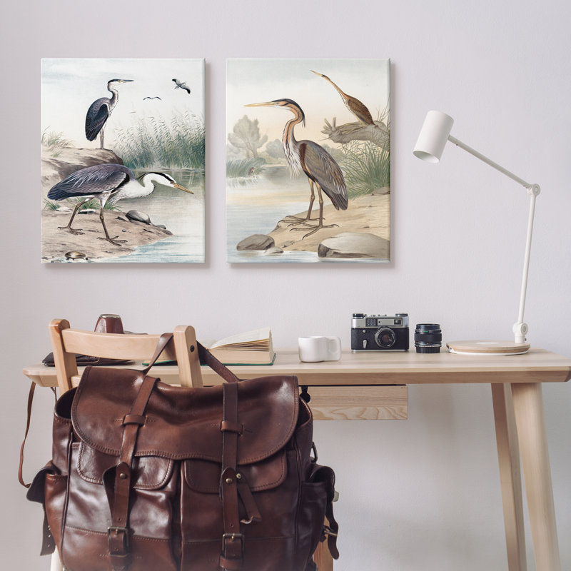 Elegant Heron Birds Forager River Edge Scene par Piddix - 2 pièces sur, H 24 po x l 30 po x P 1,5 po