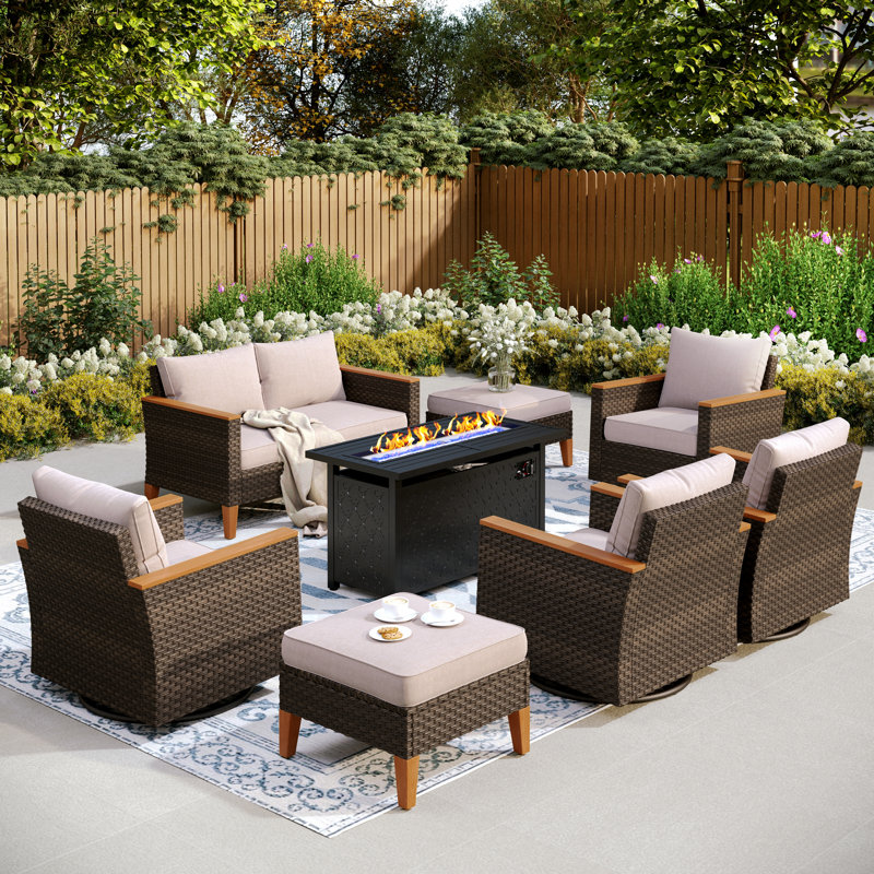 Argyri Outdoor Wicker Patio Conversation Furniture Set With Swivel Chairs And Firepit Table
