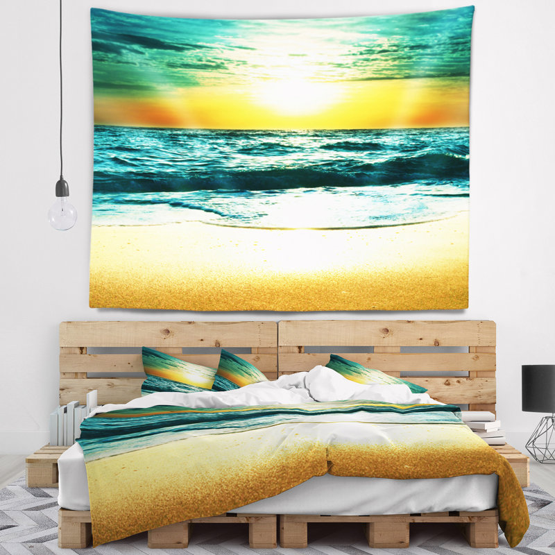 Paysage marin étonnant coucher de soleil reflétant une tapisserie bleue, H 32 po x l 39 po
