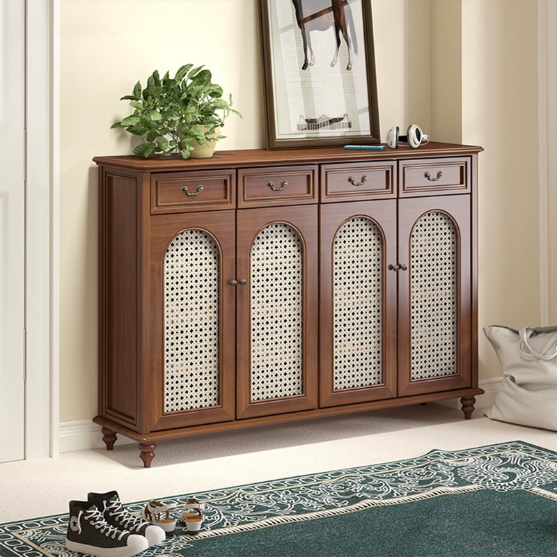 Nut-brown Solid Wood+Rattan Shoe Storage Bench
