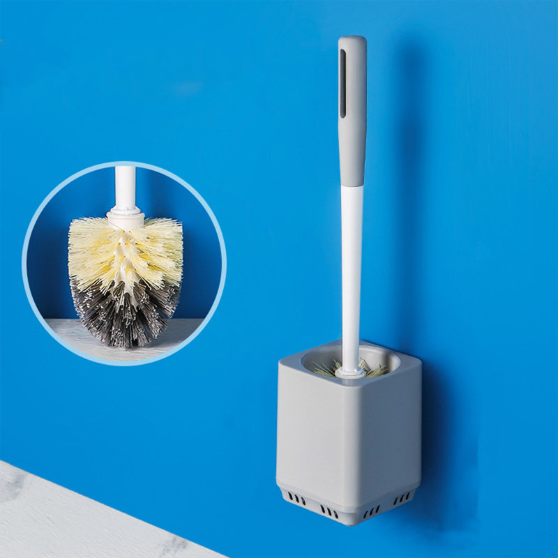 Brosse de toilette à coin mort avec poignée longue et base murale, poils doux, nettoyage pour salle de bain, gris 16,9 x 5,1 x 3,9 po