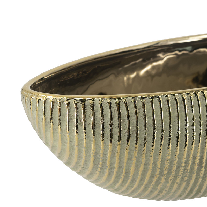 13.5x6x4.5" Ceramic Planter Bowl With Textured Gold Design