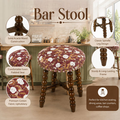 Tabouret de bar rembourré Spindle avec structure en bois d'acacia massif, alliant confort et durabilité pour les cuisines et les bars modernes