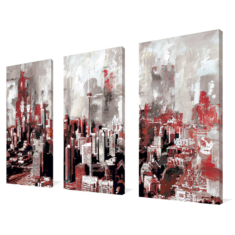 «Toronto Abstract V3 Red» par Ppi Studios, ensemble de 3 reproductions d'art sur toiles tendues