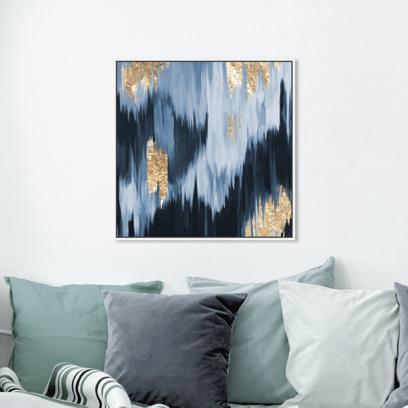 «Gold Blue Fall», peinture sur toile à cadre flottant, H 24 po x l 24 po, Toile avec cadre blanc
