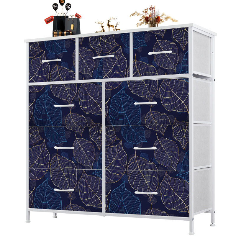 Commode avec 9 tiroirs en tissu, commode haute pour chambre à coucher, commode à grandes tiroirs pour le salon, Blanc