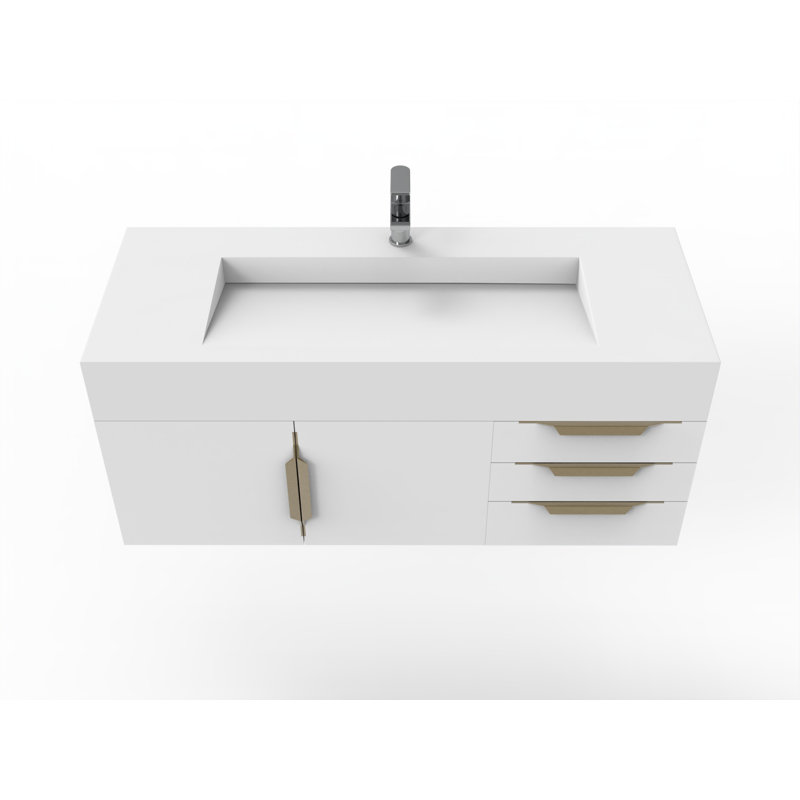 Ensemble de meuble-lavabo simple mural 48 po Nile, Blanc, Blanc, Doré