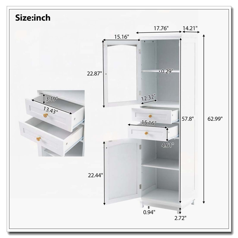 Bathroom Storage Cabinet with Glass Doors,2 Drawers, and Adjustable Shelves, White