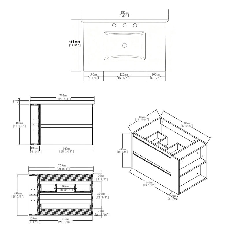 Meuble-lavabo de 76 cm avec lavabo intégré, armoire suspendue en contreplaqué, lavabo en céramique, comptoir et dosseret en marbre reconstitué, 2 tiroirs à fermeture amortie, tablette latérale ouverte, chêne