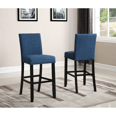Tabourets de bar en tissu, 2, garniture cloutée bleue - Fabrication en bois franc, siège en lin et coton, foncé, 16 x 23 x 44, siège avec cadre de 30 po x 2 po, revêtement, 44 po de hauteur, 16 po x 23 po