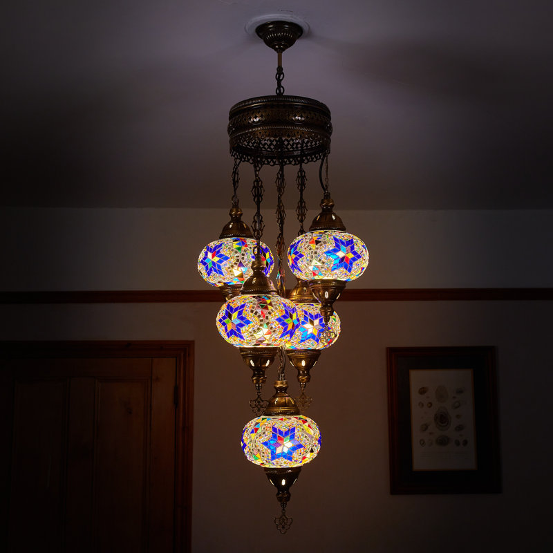 Karlie 5 - Light Bronze Cluster Pendant, Navy Blue/Red/Yellow