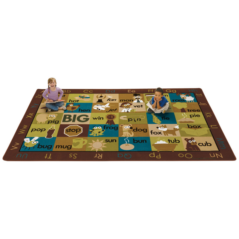 Large Brown and Green Nylon Educational Kids Rug